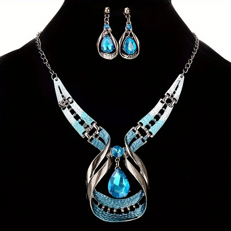 glitter water drop shape shiny faux gemstone elegant pendant necklace stud earrings jewelry set details 0
