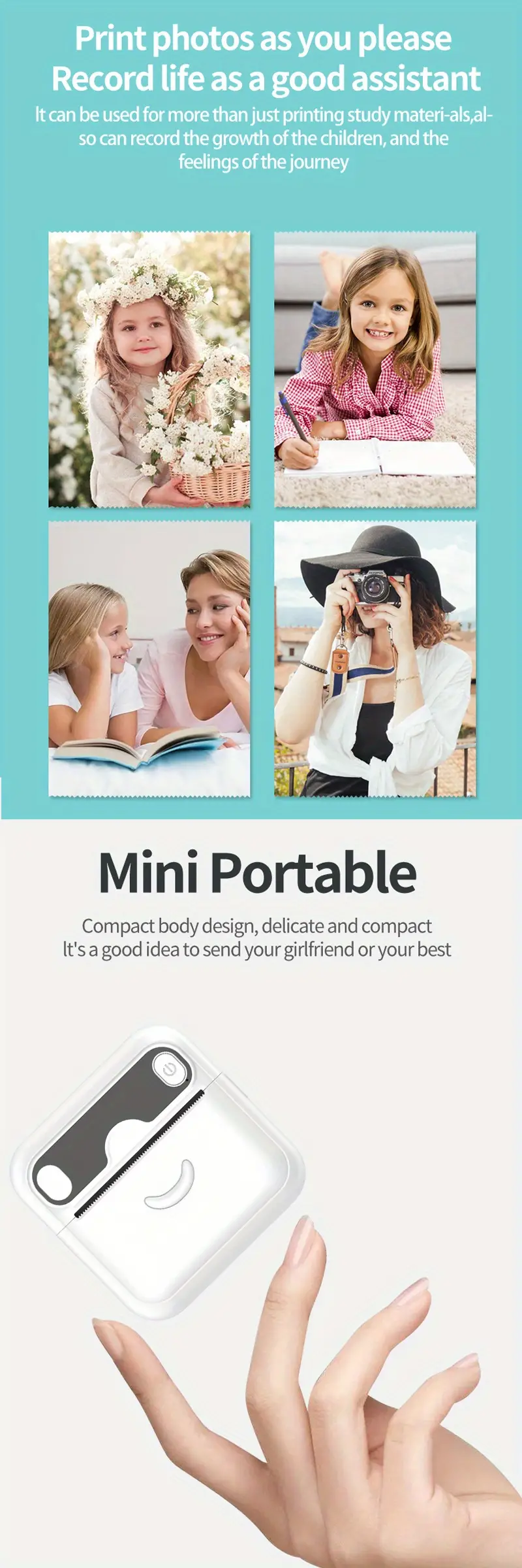 mini thermal printer print photos materials labels documents connect mobile phone wireless download app wireless mobile students office stationery send print paper instructions charging lines details 5