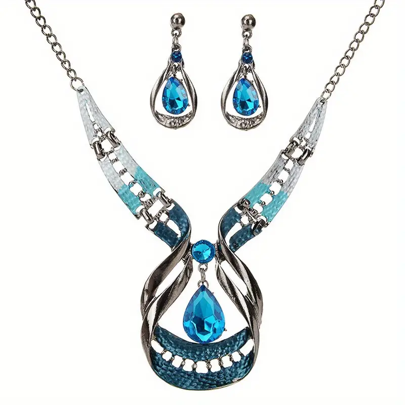 glitter water drop shape shiny faux gemstone elegant pendant necklace stud earrings jewelry set details 1