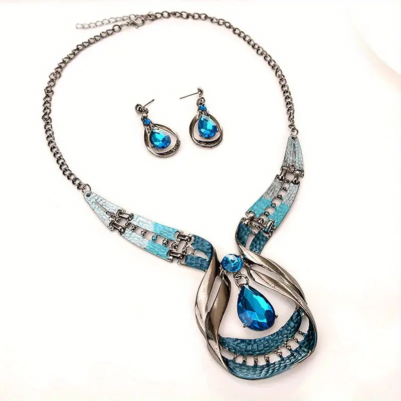 glitter water drop shape shiny faux gemstone elegant pendant necklace stud earrings jewelry set details 2