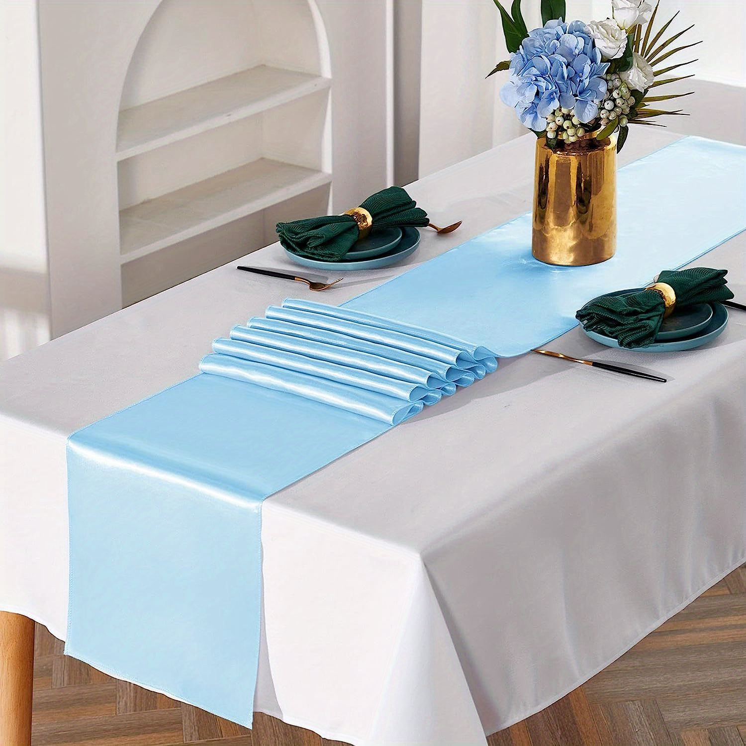 Elegant Baby Blue Satin Table Runner Weddings Banquets Temu