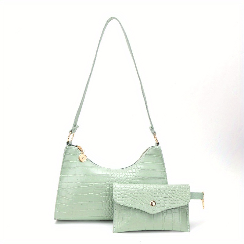 Crocodile Pattern Women Underarm Bag Ladies Small Shoulder Bags Purse  Handbags Green