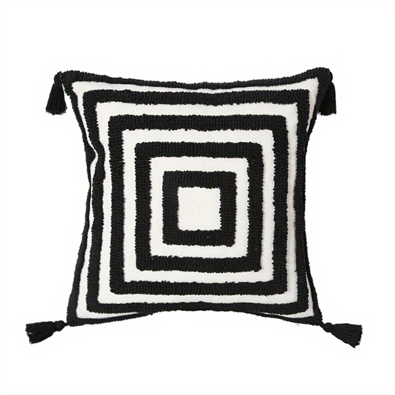 Image of 1pc Preppy Style Geometric-patterned Throw Pillow Case, Black And White Tufted Cushion Cover With Tassel, Zipper Closure, Woven Polyester 100%, Spot-clean, Home Decor For - Cover Only