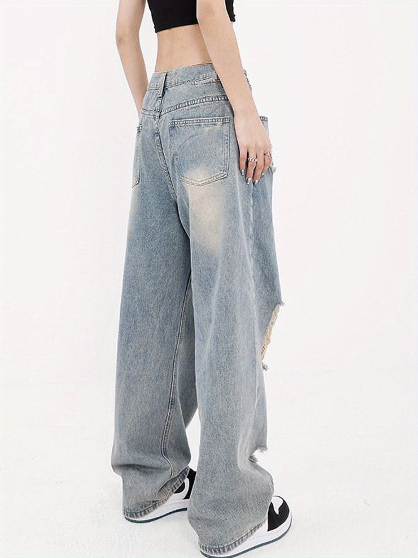 Blue Loose Fit Straight Jeans Washed Ripped Holes Ombre Non - Temu