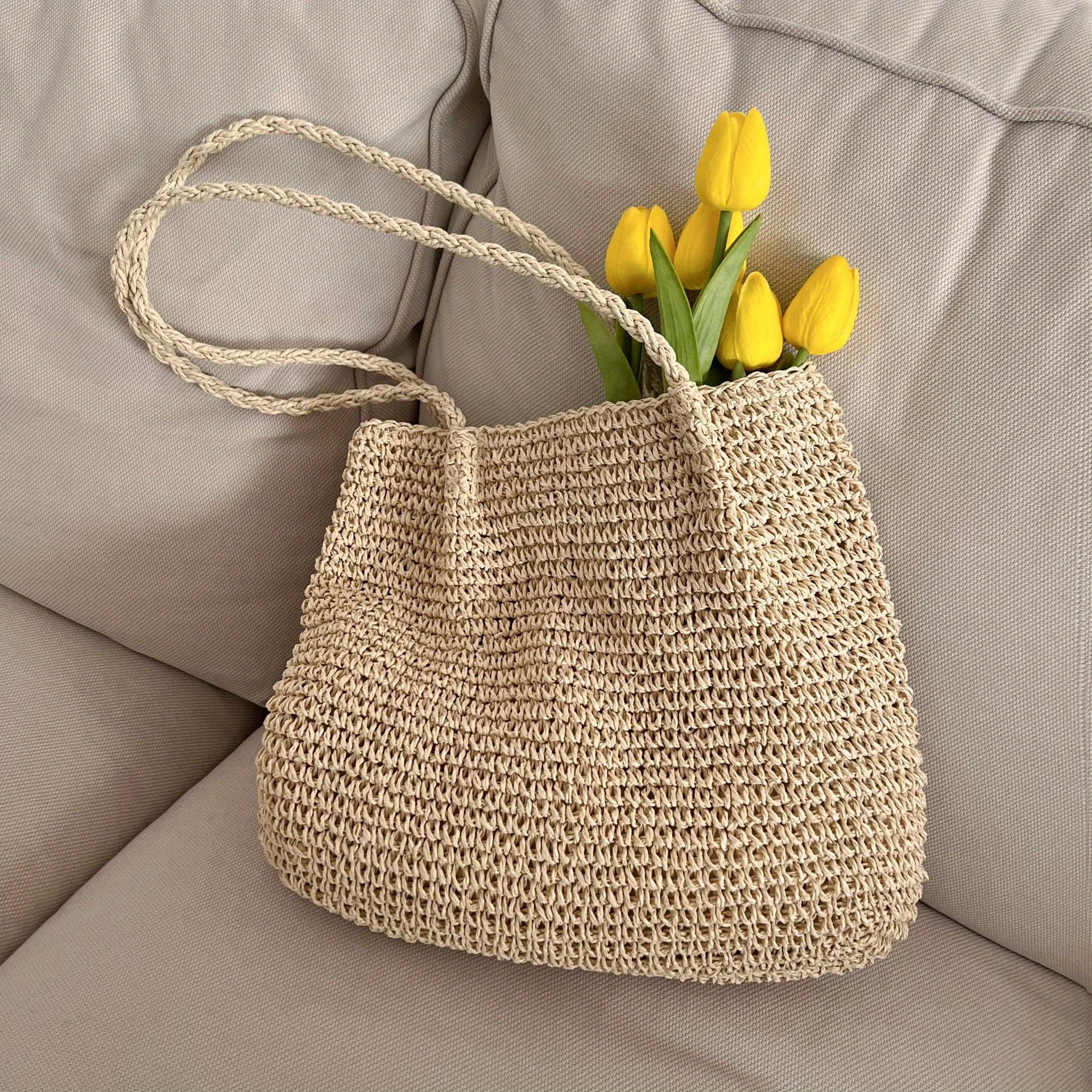 Casual Large Woven Straw Beach Bag in Beige for Women