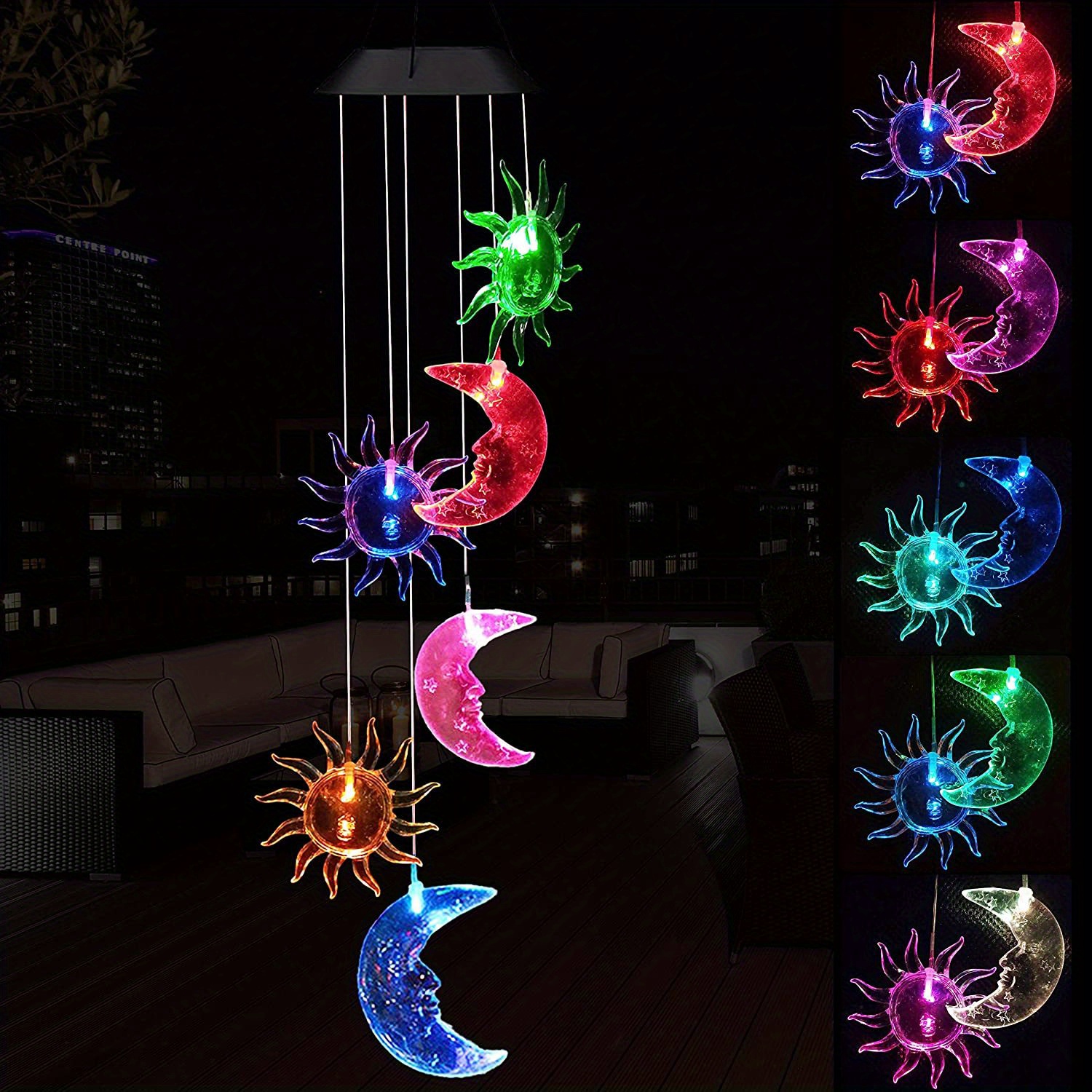 And Moon Wind Chimes Outdoor Light - Solar Powered Led Changing Light Color And Suns Mobile Romantic Wind Chime For Home, Balcony, Party, Festival, Light Garden Decoration
