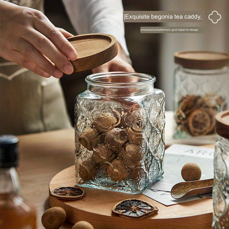 Square Glass Storage Jar, Candy Jars With Lids, Elegant Food Storage  Container With Airtight Bamboo Wooden Lid, Portable Transparent Food  Canisters For Tea, Coffee Bean, Sugar, Candy, Cookie, Spice, Home Kitchen  Supplies 