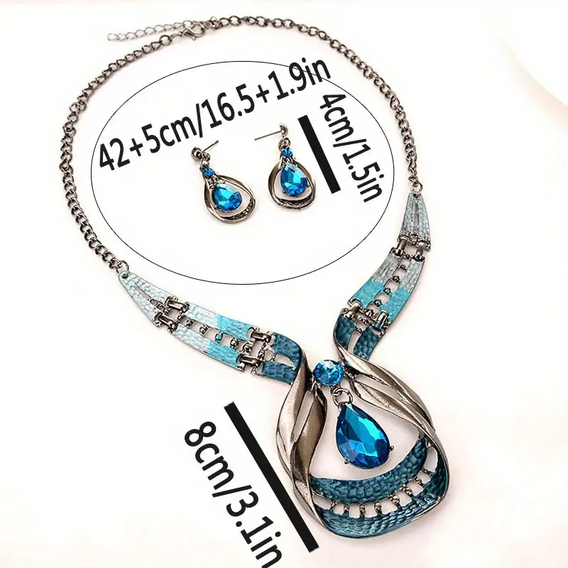 glitter water drop shape shiny faux gemstone elegant pendant necklace stud earrings jewelry set details 4