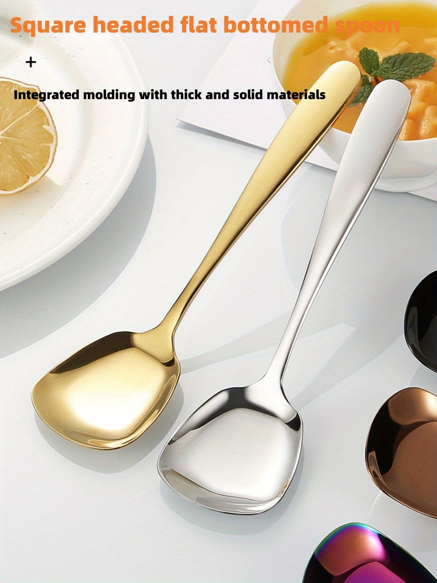 1pc 304 Stainless Steel Spoon, Creative Square Head Flat Bottom