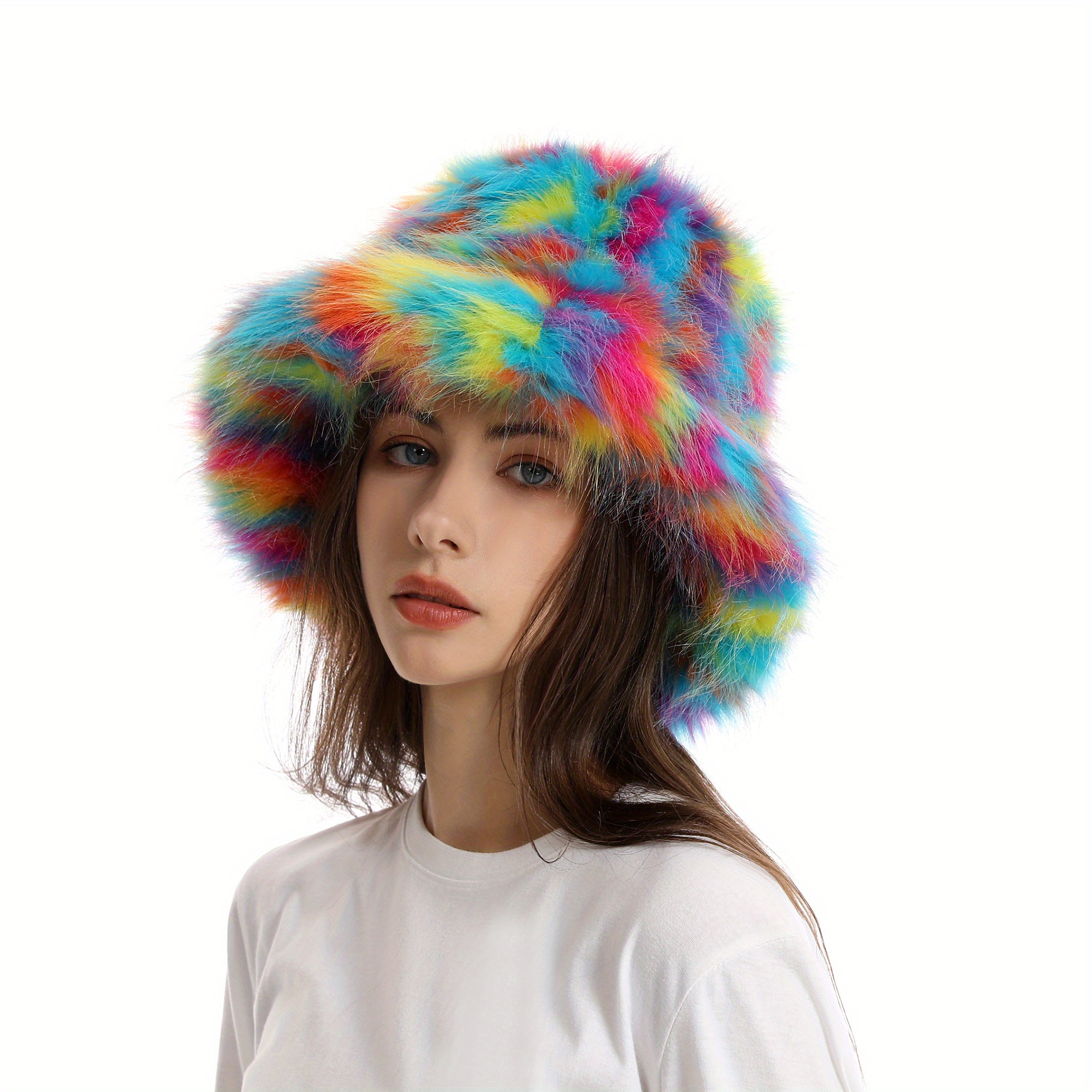 Rainbow Striped Plush Bucket Hat Lightweight Warm Bucket Hat - Temu