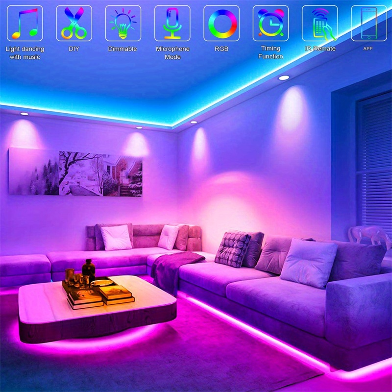 Dormitorio iluminado con tiras de LEDs RGB en cabecero y foseado