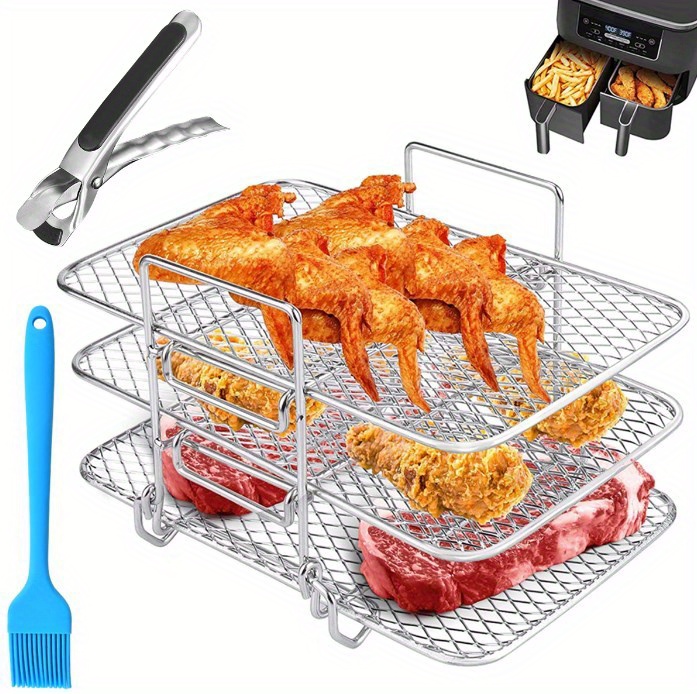 1 set barbecue rack stainless steel three layer dehydration rack air fryer accessories universal grill rack three layer steaming rack fruit and vegetable food dehydration rack drainage basket grill rack oil brush clip accessories set details 0