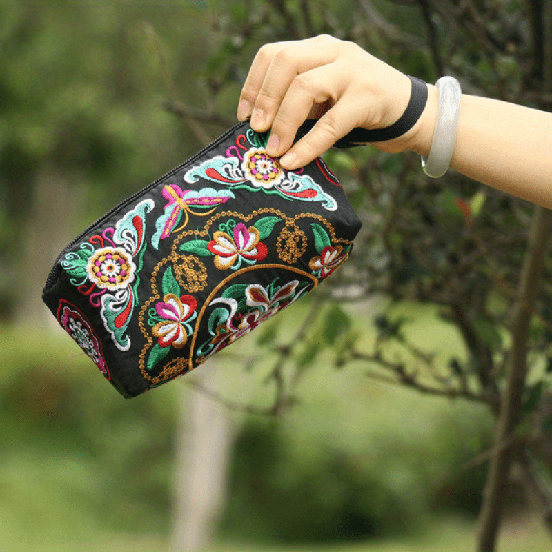 Retro Flower Embroidery Clutch Bag, Fashion Casual Ethnic Style Canvas Credit Card Storage Bag & Organizer, Women's Simple Versatile Wristlet Bag 