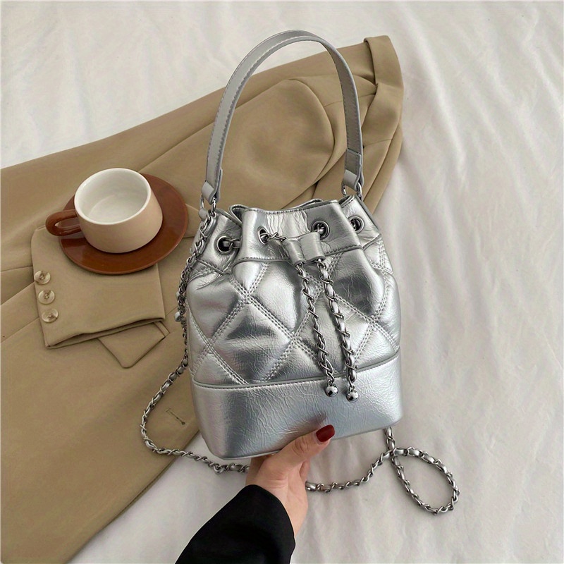 Minimalist Solid Color Bucket Bag, Argyle Pattern Shoulder Bag
