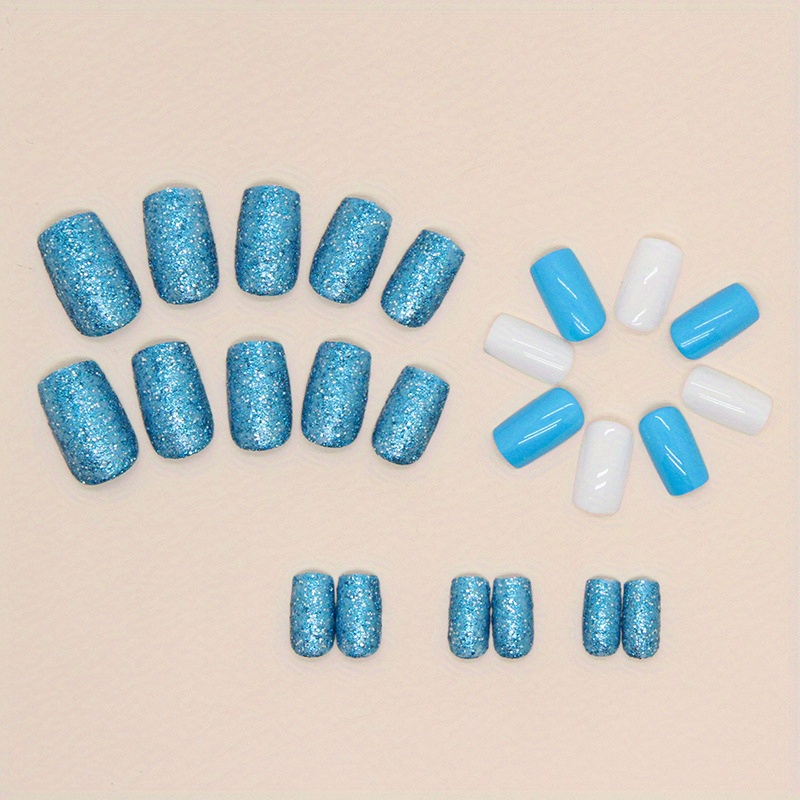 Medium Blue Glitter Fake Nails, White Square Press On Nails, Glossy