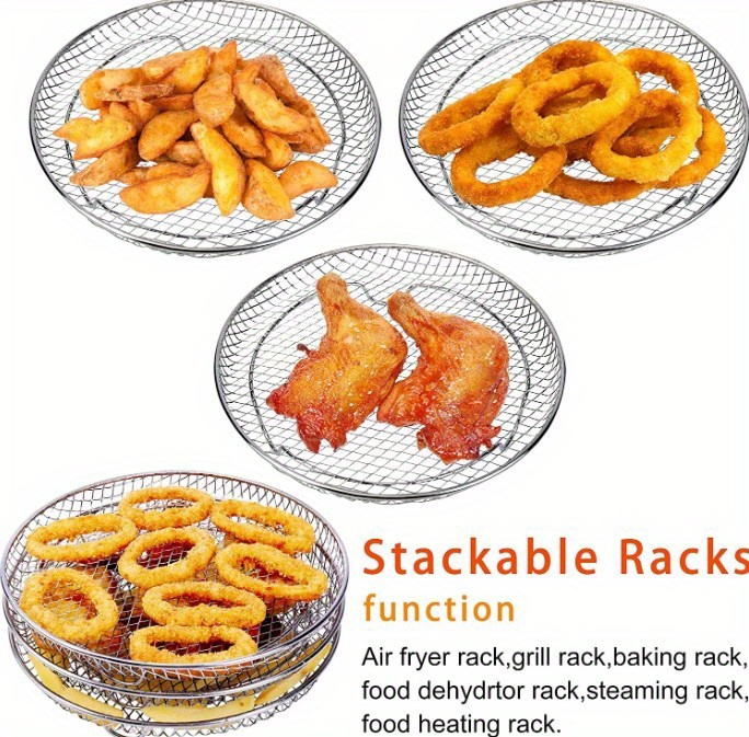 1pc 1set air fryer accessories three layer circular grill steam rack stainless steel 8 inch stackable rack dehydration rack barbecue basket barbecue rack drainage basket filter rack food frying basket kitchen accessories details 1