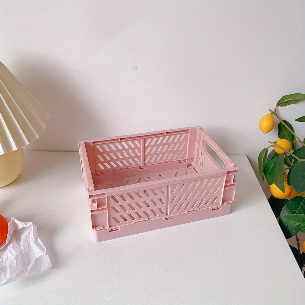 1pc Mini Simple Plastic Storage Basket, Foldable Multipurpose Pink Storage  Cube For Home