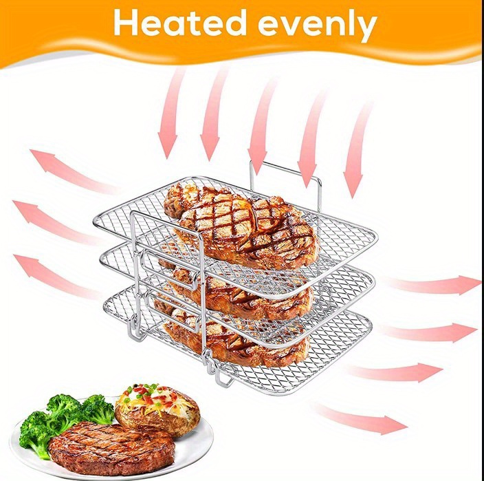 1 set barbecue rack stainless steel three layer dehydration rack air fryer accessories universal grill rack three layer steaming rack fruit and vegetable food dehydration rack drainage basket grill rack oil brush clip accessories set details 4