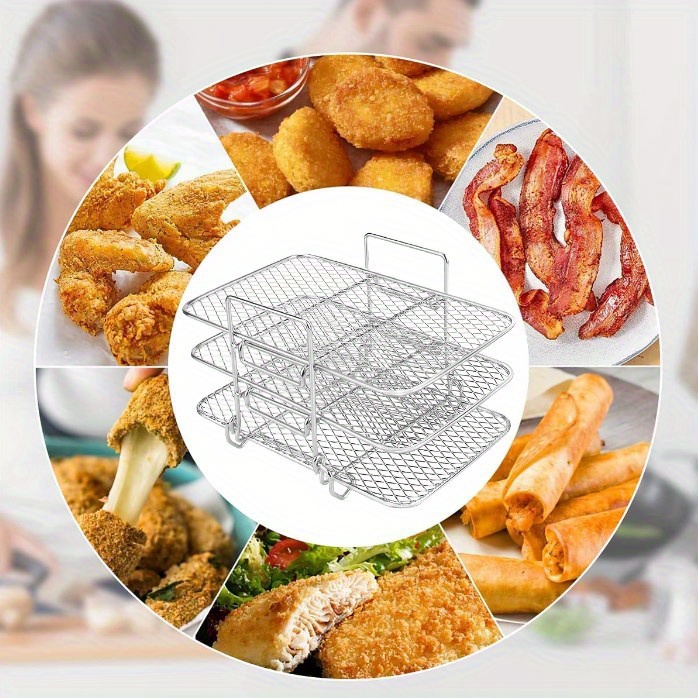 1 set barbecue rack stainless steel three layer dehydration rack air fryer accessories universal grill rack three layer steaming rack fruit and vegetable food dehydration rack drainage basket grill rack oil brush clip accessories set details 9