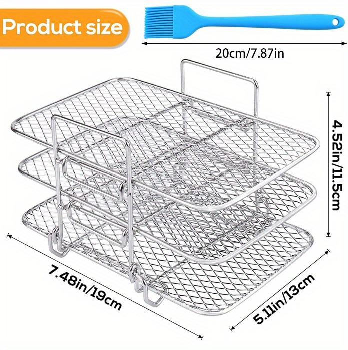 1 set barbecue rack stainless steel three layer dehydration rack air fryer accessories universal grill rack three layer steaming rack fruit and vegetable food dehydration rack drainage basket grill rack oil brush clip accessories set details 8