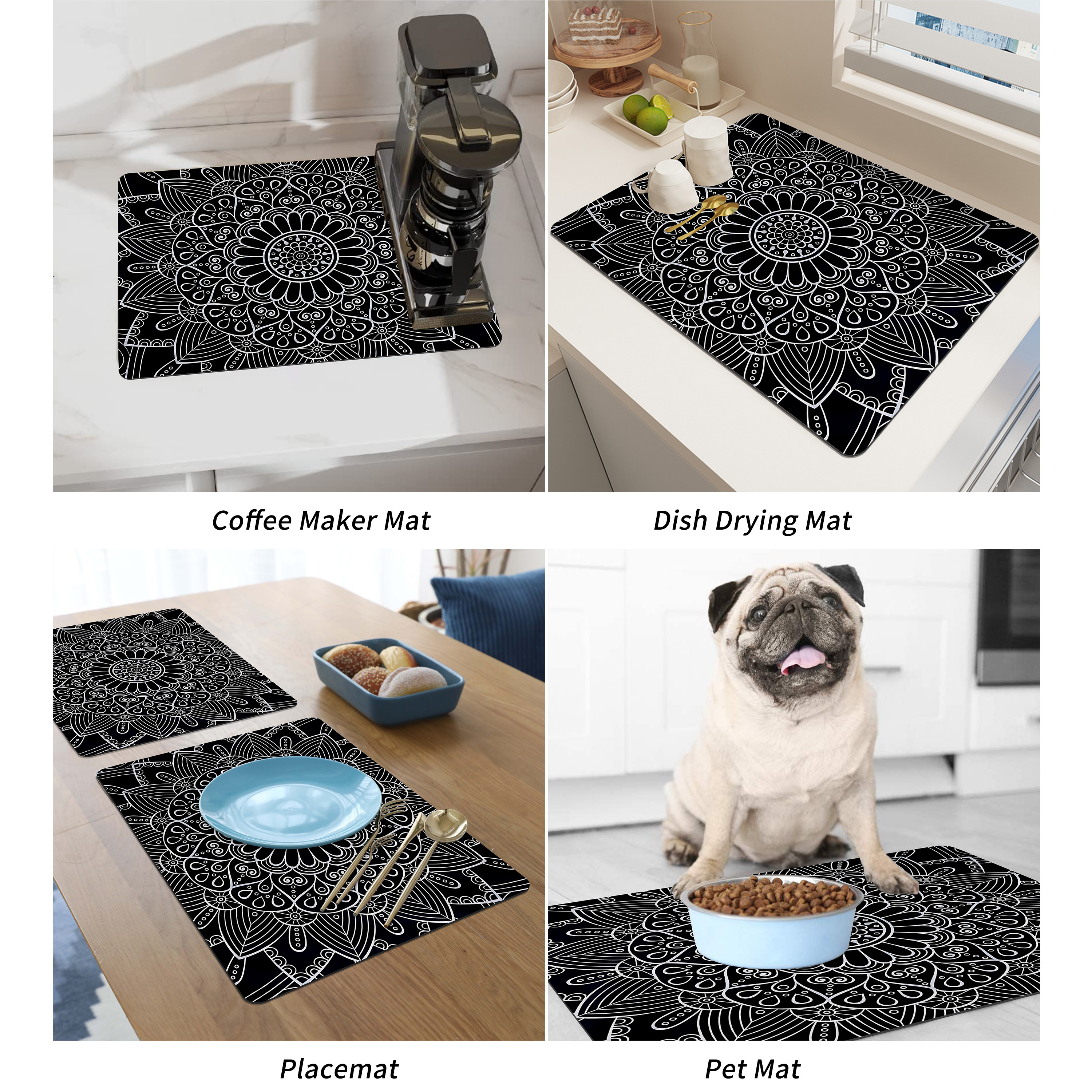 Grey Mandala Print Dish Drying Mat. Kitchen Dish Mat. – Home