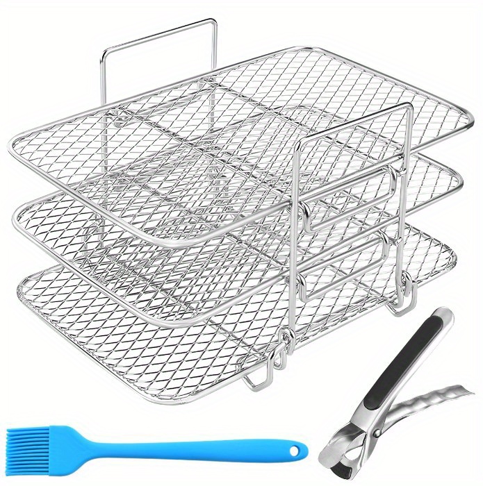 1 set barbecue rack stainless steel three layer dehydration rack air fryer accessories universal grill rack three layer steaming rack fruit and vegetable food dehydration rack drainage basket grill rack oil brush clip accessories set details 2