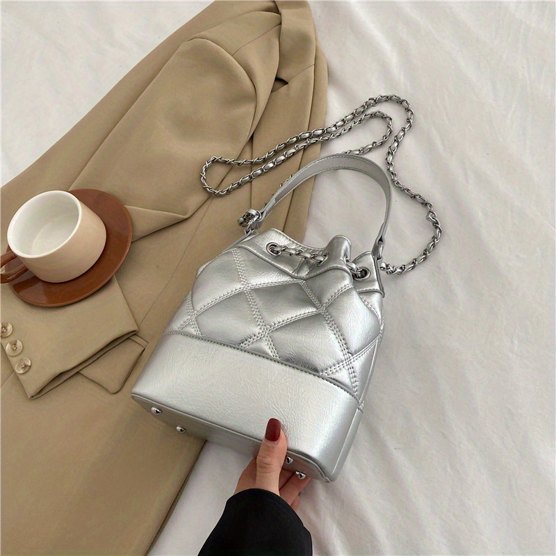 Minimalist Solid Color Bucket Bag, Argyle Pattern Shoulder Bag