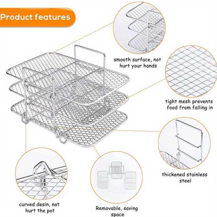 1 set barbecue rack stainless steel three layer dehydration rack air fryer accessories universal grill rack three layer steaming rack fruit and vegetable food dehydration rack drainage basket grill rack oil brush clip accessories set details 3