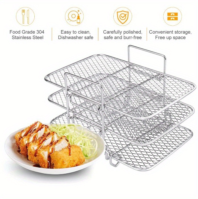 1 set barbecue rack stainless steel three layer dehydration rack air fryer accessories universal grill rack three layer steaming rack fruit and vegetable food dehydration rack drainage basket grill rack oil brush clip accessories set details 5