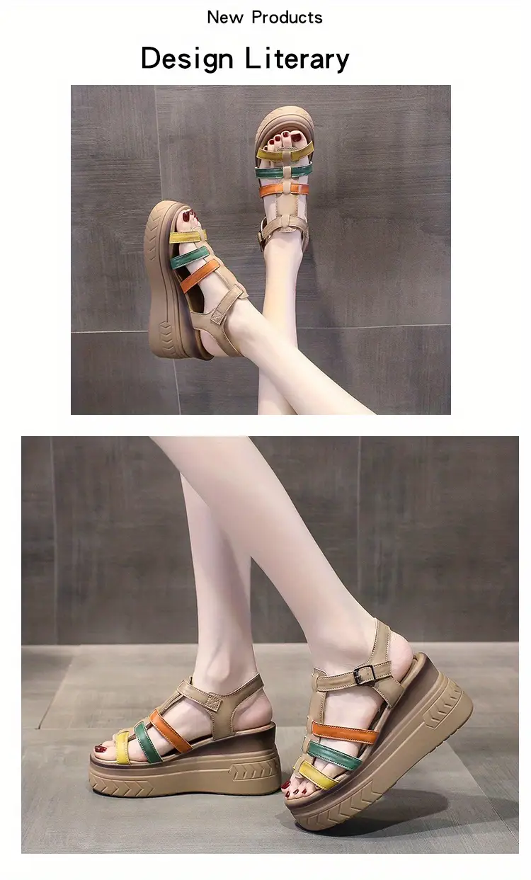 womens platform wedge sandals colorblock open toe ankle strap slingback shoes soft faux leather sandals details 3
