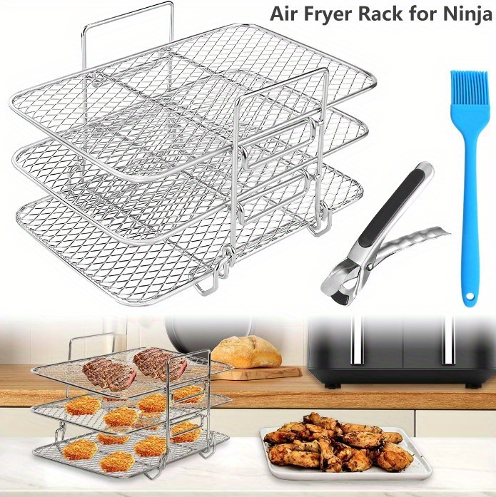 1 set barbecue rack stainless steel three layer dehydration rack air fryer accessories universal grill rack three layer steaming rack fruit and vegetable food dehydration rack drainage basket grill rack oil brush clip accessories set details 10