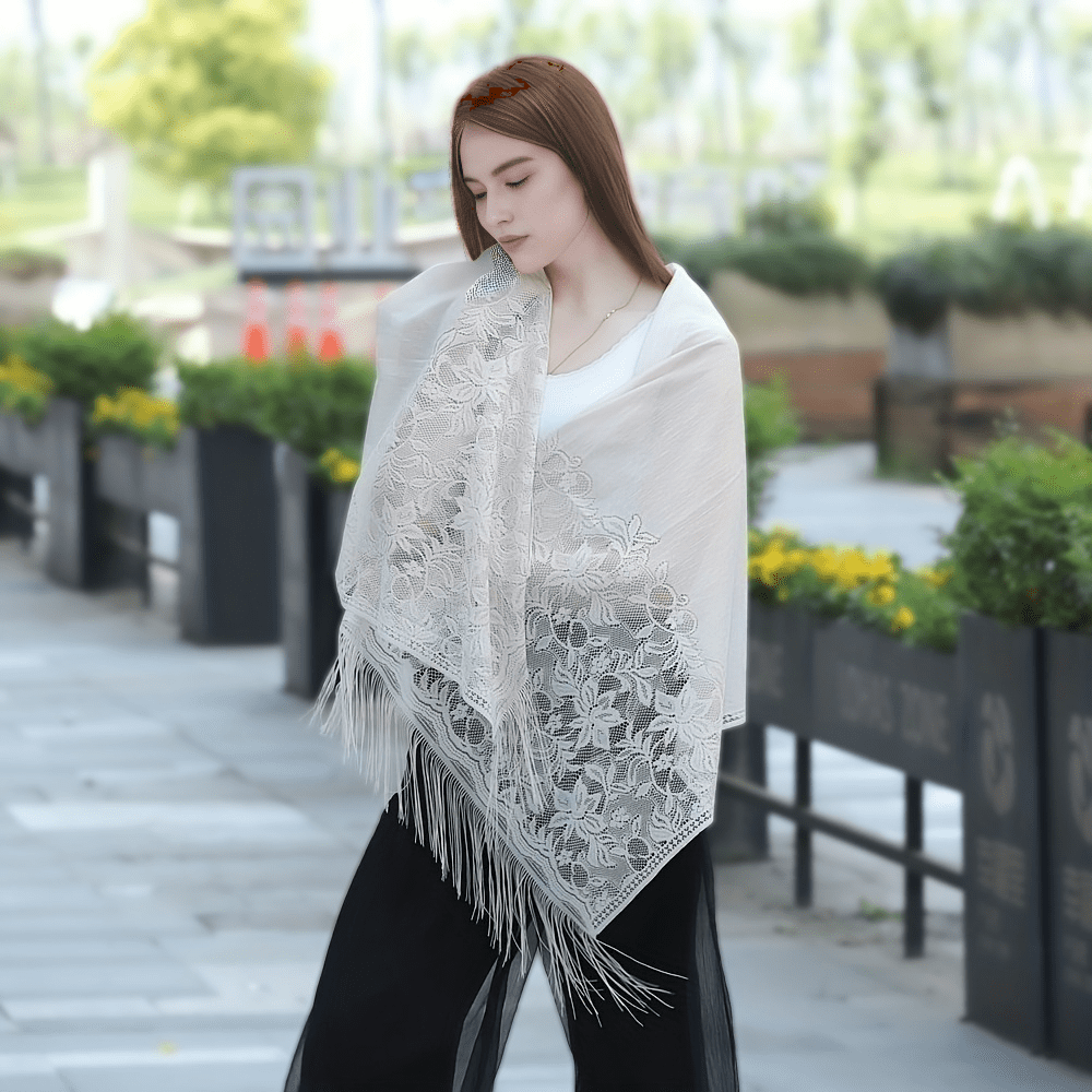 Boho Flower Pattern Fringe Trim Scarf Wrap Head Wrap For Travel