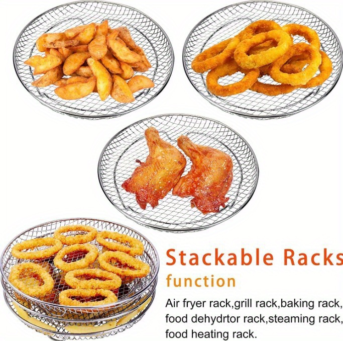 1pc 1set air fryer accessories three layer circular grill steam rack stainless steel 8 inch stackable rack dehydration rack barbecue basket barbecue rack drainage basket filter rack food frying basket kitchen accessories details 5