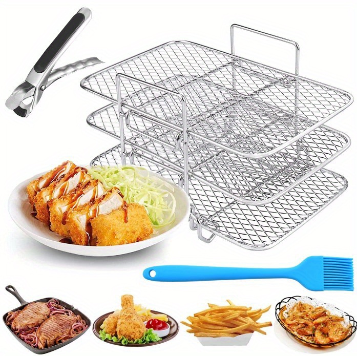 1 set barbecue rack stainless steel three layer dehydration rack air fryer accessories universal grill rack three layer steaming rack fruit and vegetable food dehydration rack drainage basket grill rack oil brush clip accessories set details 11