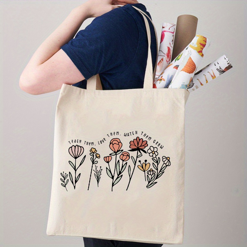 Teach Love Watch Grow Tote Bag Floral Casual Canvas Shoulder Temu