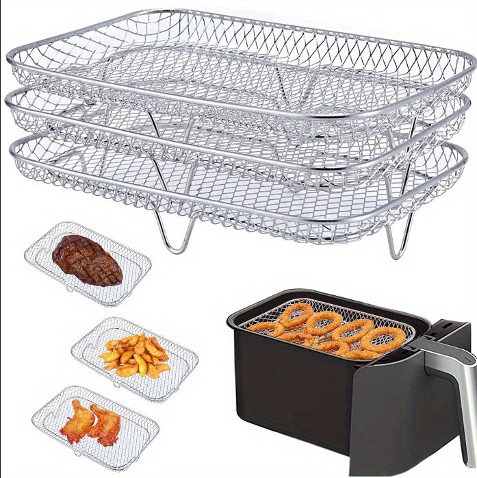 1pc 1set air fryer accessories three layer square grill rack steam rack stainless steel stackable rack dehydration rack barbecue basket barbecue rack drainage basket filter rack food frying basket oil brush details 2