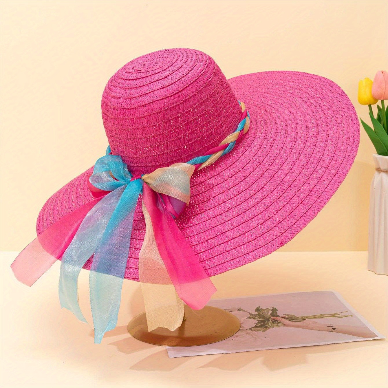 1pc Dopamine Rose Pink Wide Brim Straw Hat With Colorful Braided Bow Ribbon Decoration – Lightweight, Breathable Summer Accessory For Women &, Beach Vacations, Weddings, And Photo Shoots, Wide Brim Ha