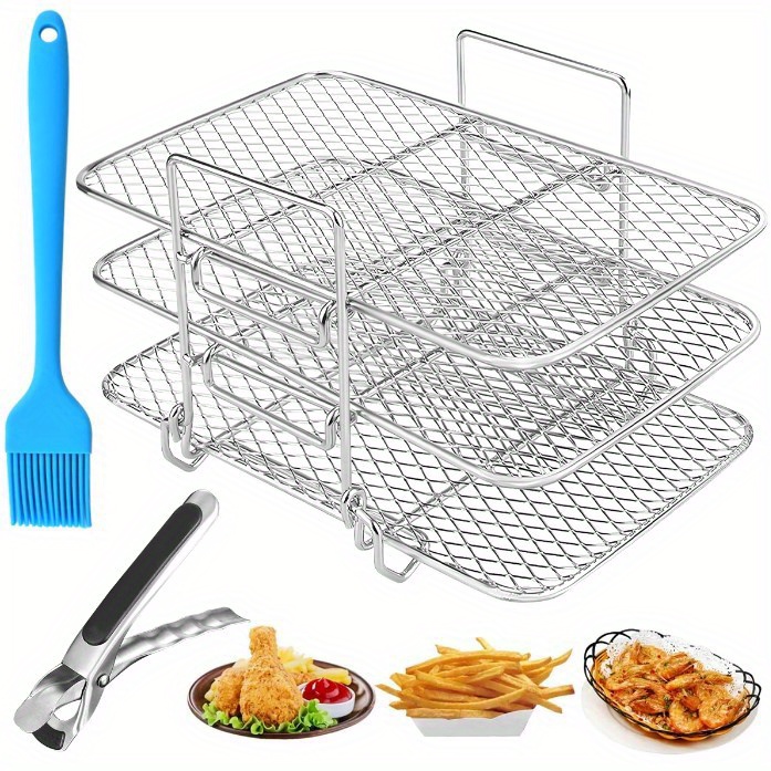 1 set barbecue rack stainless steel three layer dehydration rack air fryer accessories universal grill rack three layer steaming rack fruit and vegetable food dehydration rack drainage basket grill rack oil brush clip accessories set details 1