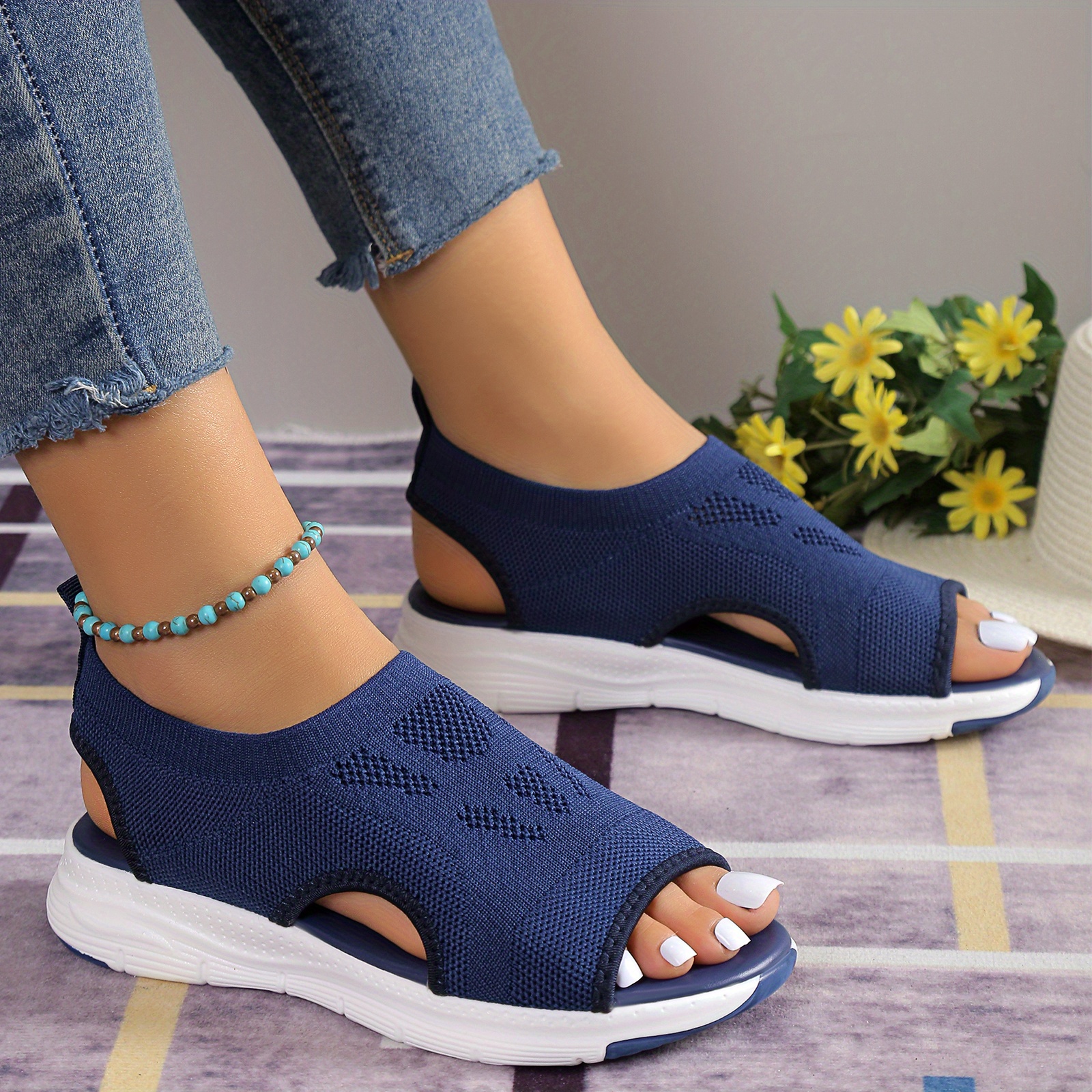 Women's Knitted Cut Sandals Solid Color Open Toe Slip Shoes - Temu ...