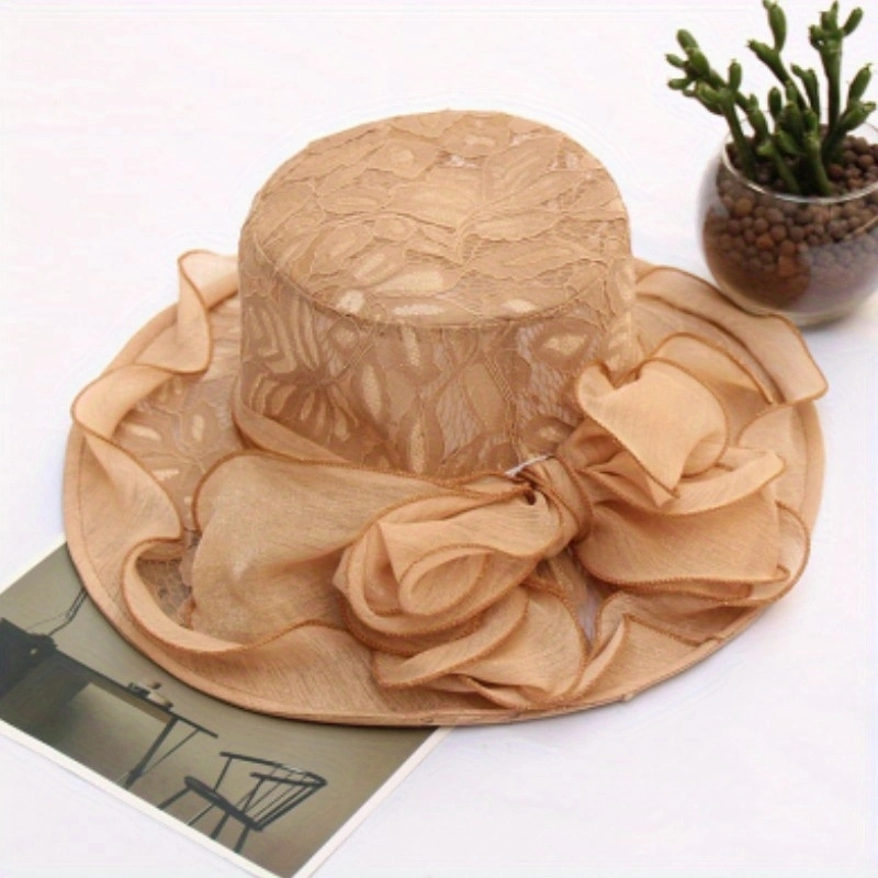 Ruffles Wide Brim Sun Hat Solid Organza Lace Bowknot Derby Hat