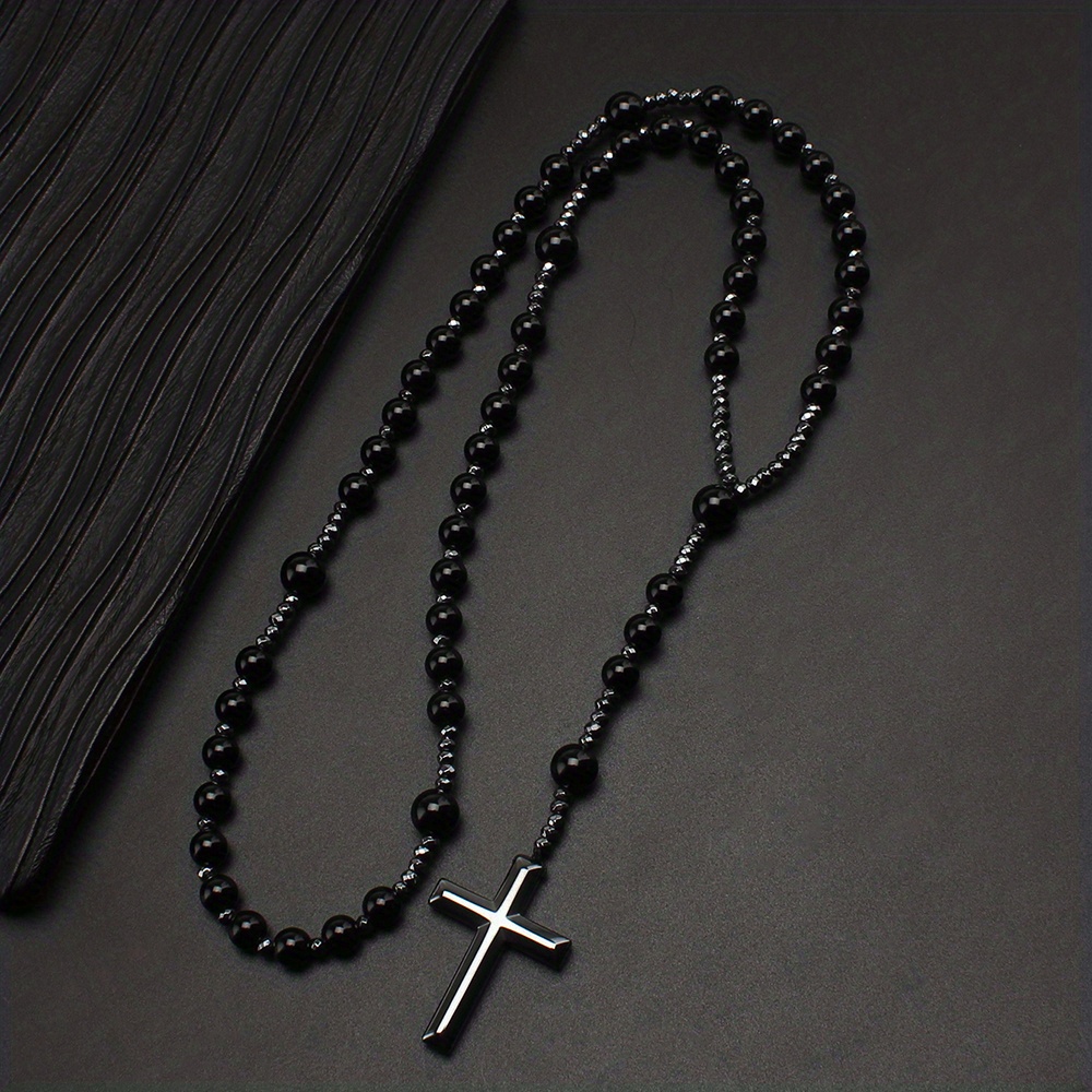 1pc natural stone 8mm tiger eye stone rosary black gallstone cross mens raw stone necklace details 4