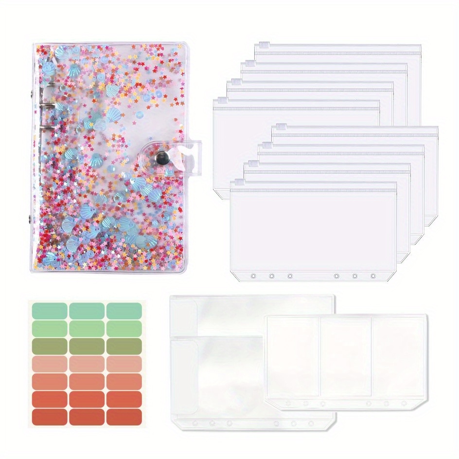 Bosiyrggrl A5 Budget Binder Cover With Zipper, Glitter Stars A5 6 Ring Binder Planner, Clear PVC Refillable Notebook Shell Pink About 19x24.8cm