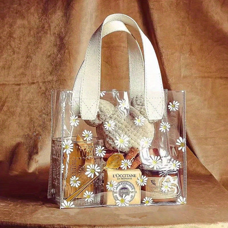 Clear Daisy Print Pvc Gift Bag With Ribbon - Perfect For Weddings, Parties,  And Holidays - Portable And Stylish Gift Packaging - Temu