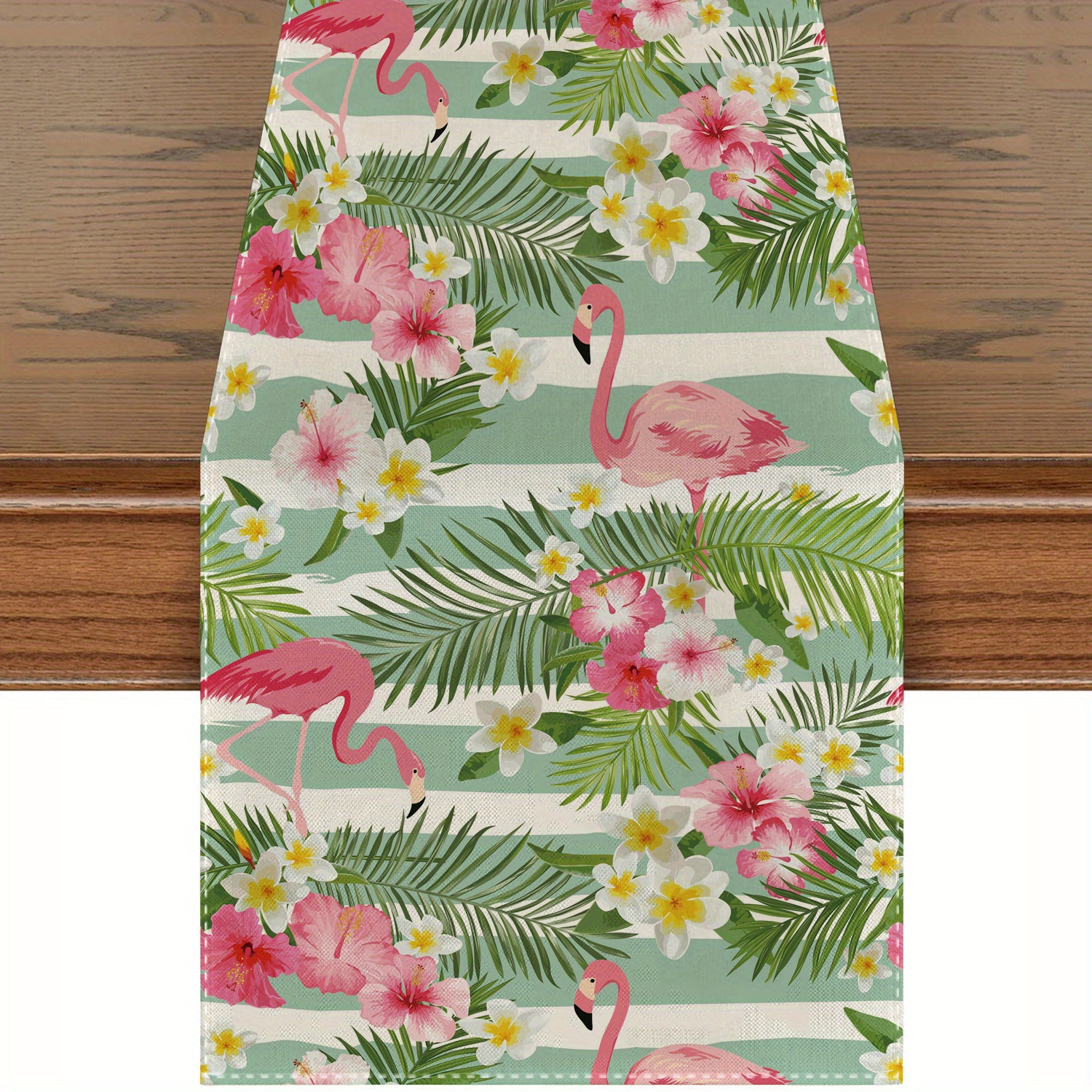 Image of 1pc Tropical Jungle Plant Pattern Table Runner, Home Dinner Holiday Party Kitchen Tabletop Decoration With Pink Flamingo And Hawaiian Palm, 13x72 Inches