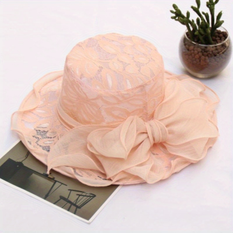 Ruffles Wide Brim Sun Hat Solid Organza Lace Bowknot Derby Hat
