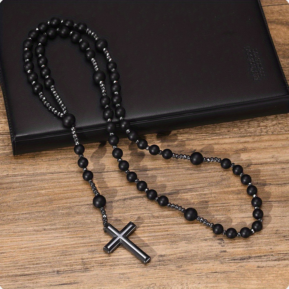 Natural Stone Stone Rosary Black Gallstone Cross Men's - Temu