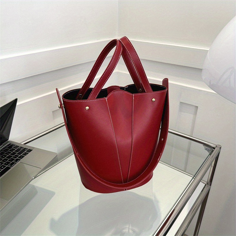 Solid Color Portable Handle Bucket Bag Magnet Zipper Handbag - Temu