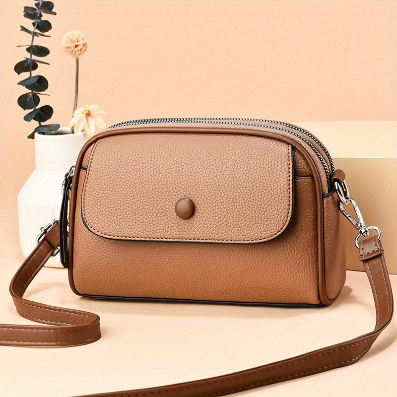 Simple Wide Strap Zipper Crossbody Bag, Pu Leather Textured Bag Purse,  Classic Versatile Fashion Shoulder Bag - Temu