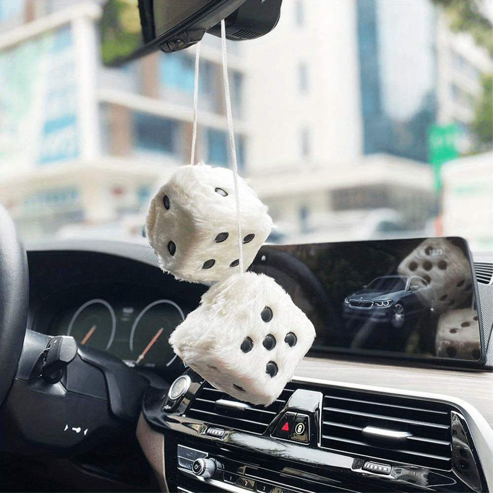 Retro Square Mirror Hanging Couple Fuzzy Plush Dice Dots Car - Temu