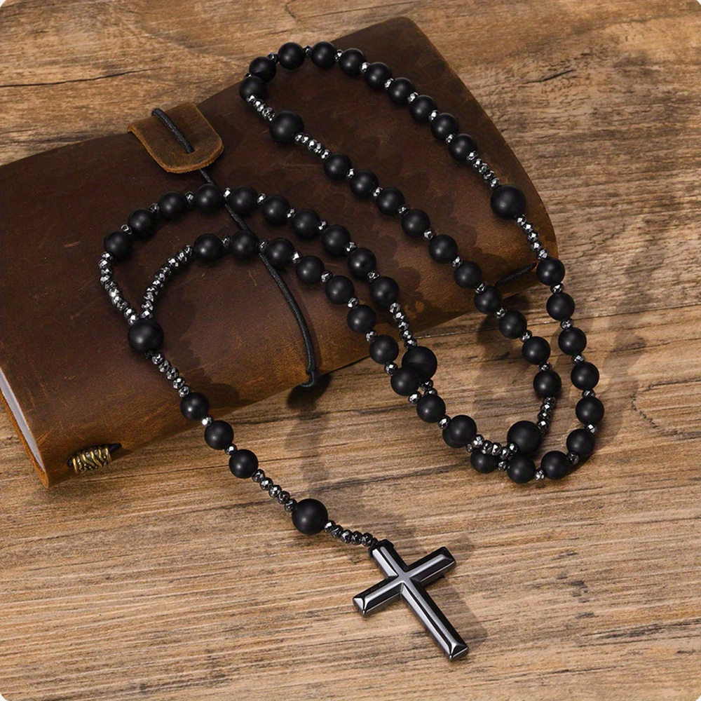 Natural Stone Stone Rosary Black Gallstone Cross Men's - Temu